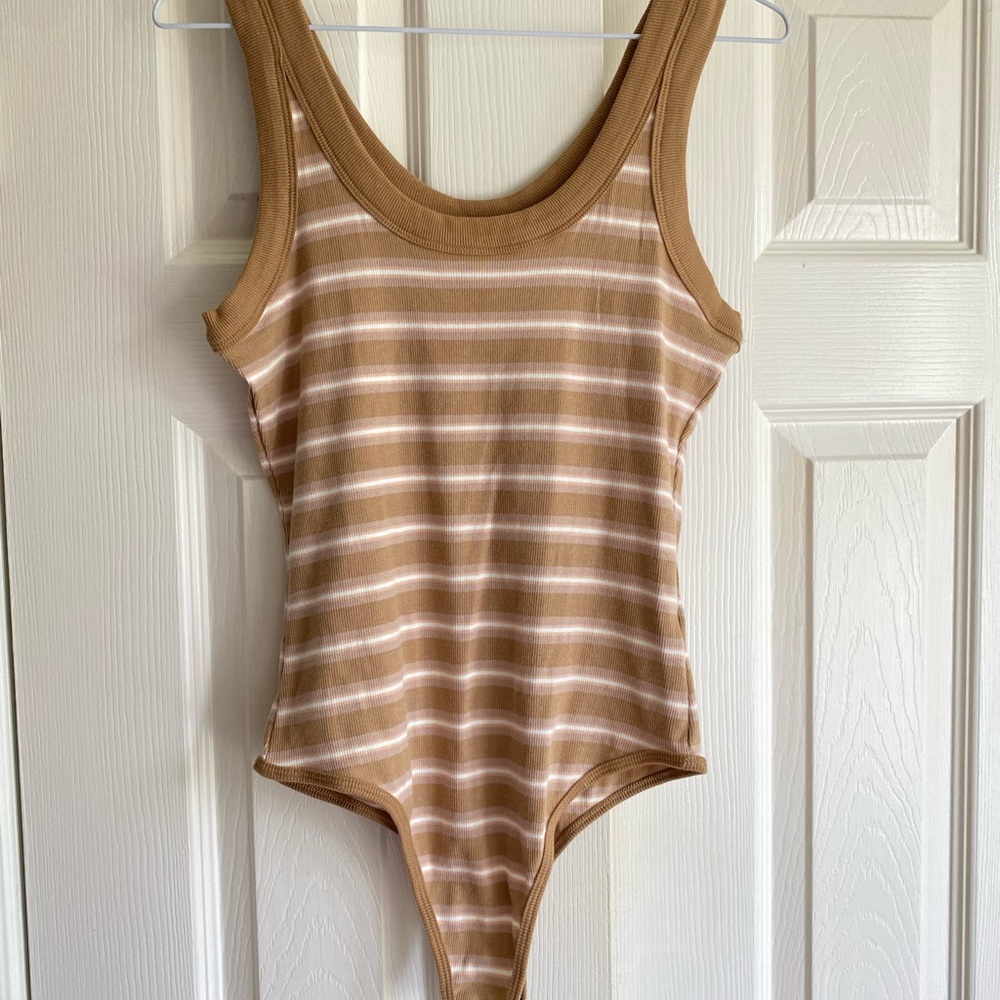 Steve Madden Brown and White Striped Tank Bodysuit NWOT